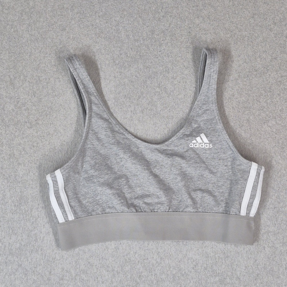 Adidas Women Sports Bra Large Gray Wireless Logo Stripes Knit Pullover